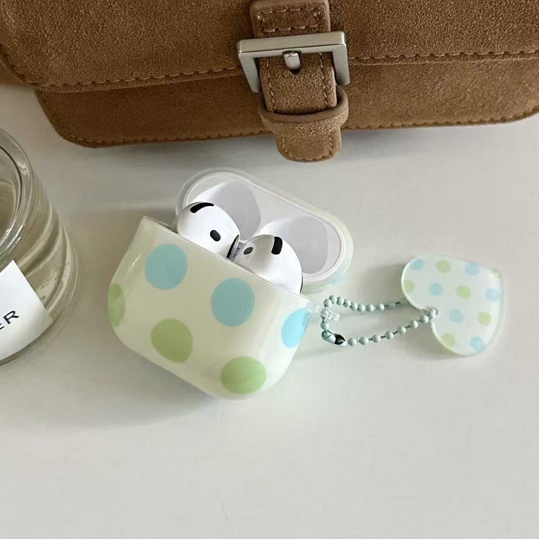 Polka Dot AirPods Case with Heart Charm – Pastel Blue & Green